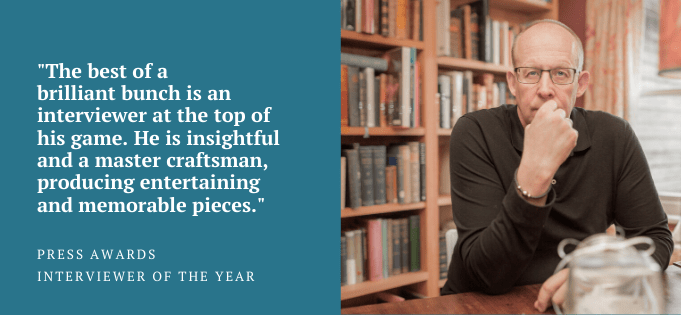 Citation for Cole Moreton as winner of Interviewer of the Year at the Press Awards with portrait of Cole at Much Ado Books in Alfriston